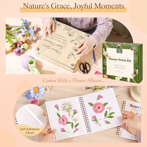 Joy&Grace Large Flower Press Kit for Adults with Designed Cover and DIY Album,10 Layers Plant Press and Plant Drying Toolkit, Flower Preservation Kit, 10.9" x 10.9" (Color Box, Natural Wood)