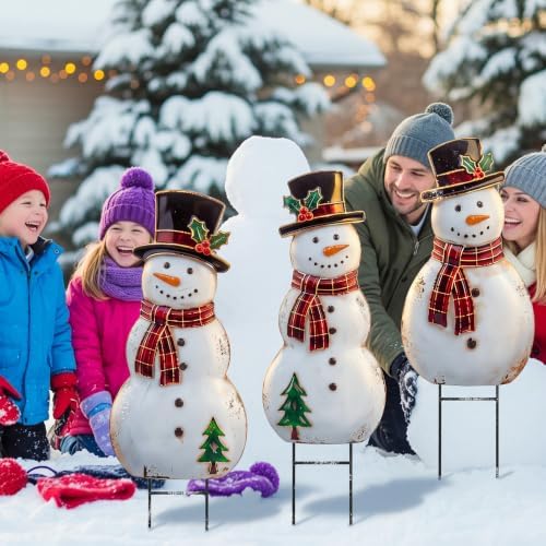 Amyhill 3 Pcs Christmas Outdoor Decor Snowman Metal Garden Stakes