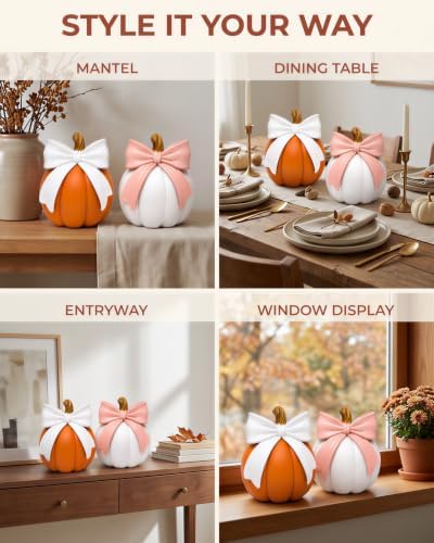 SHEHIM 2-Pack Fall Decor Decorative Resin 6'' Pumpkin Decorations with Bows