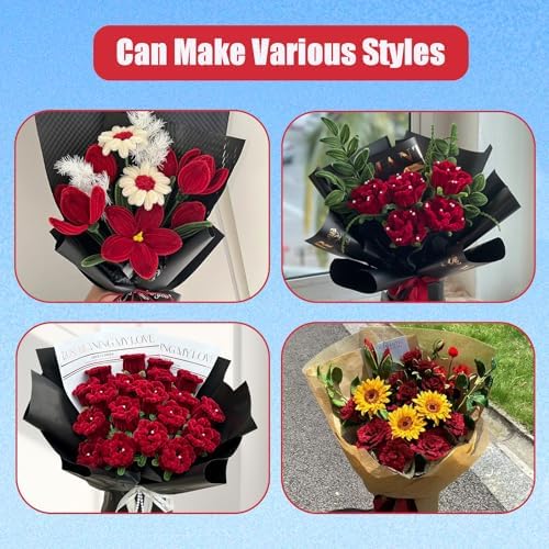 400 Pcs Pipe Cleaners Craft Set, 5 Assorted Red Pipe Cleaners Bulk, Chenille Stems for DIY Flower Making Kit with Floral Stems, Gardening Tape, Stamen, Ribbon for DIY Bouquet Gift (Red)