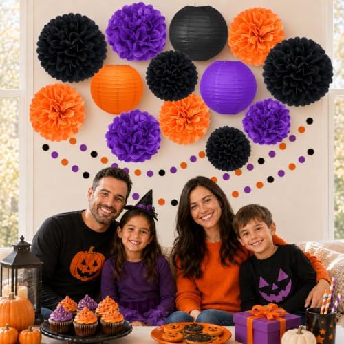 14 Pcs Halloween Party Decorations, Black Purple Orange Pom Poms, Lanterns