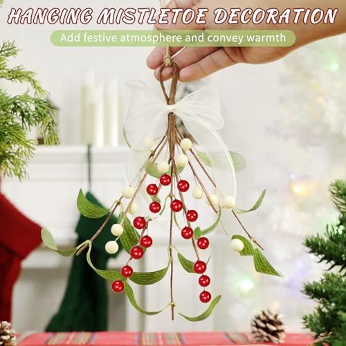 2 Pcs Artificial Mistletoe Pick Christmas Decoration, Mistletoe Decoration with Berries and White Ribbon Bow Faux Hanging Kissing Ball for Holiday Winter Christmas Tree Ornament Decor (2, White & Red)
