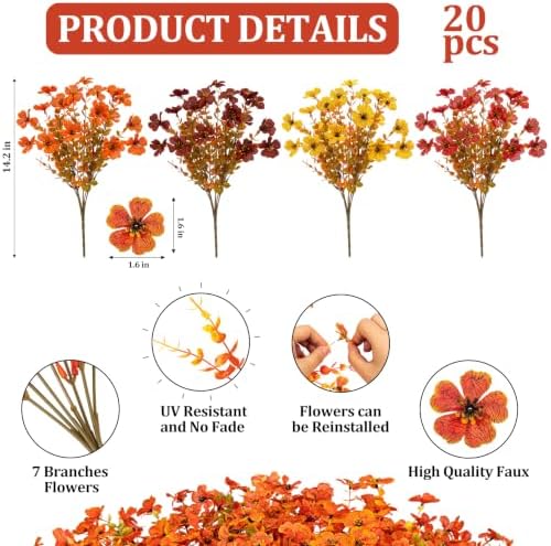 20 Pcs Artificial Fall Flowers for Outdoors Fake Mums Fall Decor