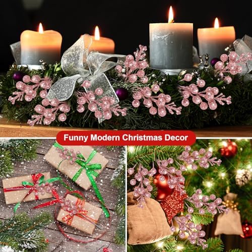 Geosar 36 Pcs Christmas Glittered Berries Stems, Rose Gold