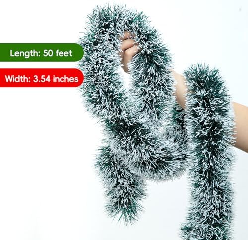 50FT Christmas Tinsel Garland, Snow Flocked Artificial Greenery Pine Garland for Christmas Tree Wedding Birthday Home Party Decoration