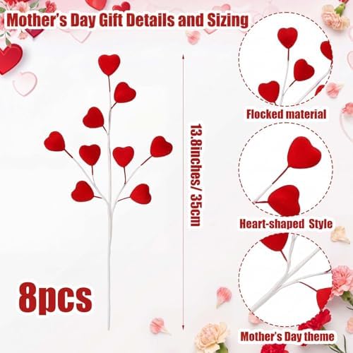 Suncalla 8 Pcs Mother's Day Heart Picks 15.8 Inch Pink Velvet Picks Mother's Day Stems Decor for Mom Wedding Wreath Vase Fillers Centerpiece Home Decoration