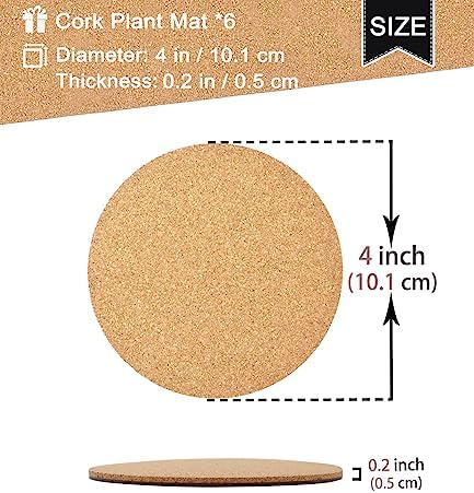 Cork Plant Coasters, Double Layers Cork Plant Mats, 4 Inch, 6 Pcs