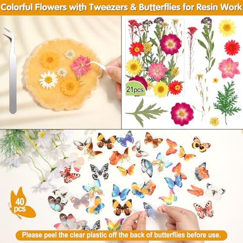 235 Pcs Pressed Dried Flowers for Resin, Natural Real Dried Pressed Flowers for Crafts, Bulk Dry Flowers for Resin Molds, Candles, DIY Art Jewelry Making with Tweezers Butterfly Stickers Set Decorate