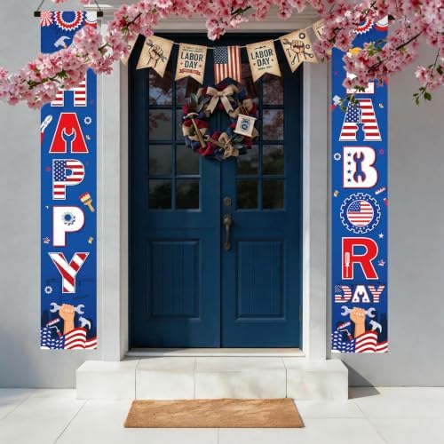 Labor Day Decorations Outdoor - 2 Pcs Happy Patriotic Door Banner