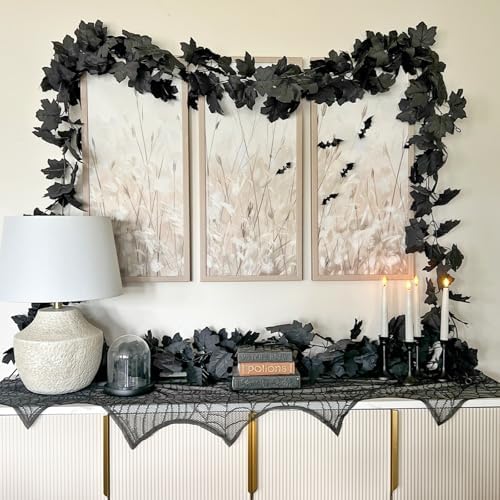 CQURE 10 Pack Black Fall Leaf Garland, Total 59Ft Halloween Garland Hanging Vines Artificial Fall Maple Leaves Thanksgiving Decor for Home Wedding Fireplace Christmas