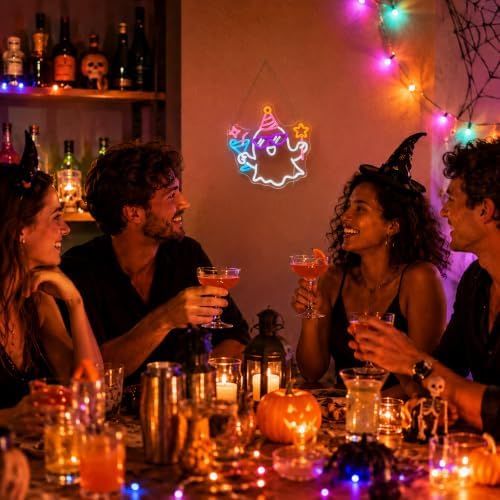 Party Ghost Halloween Neon Sign, Dimmable LED Neon Sign for Halloween Party