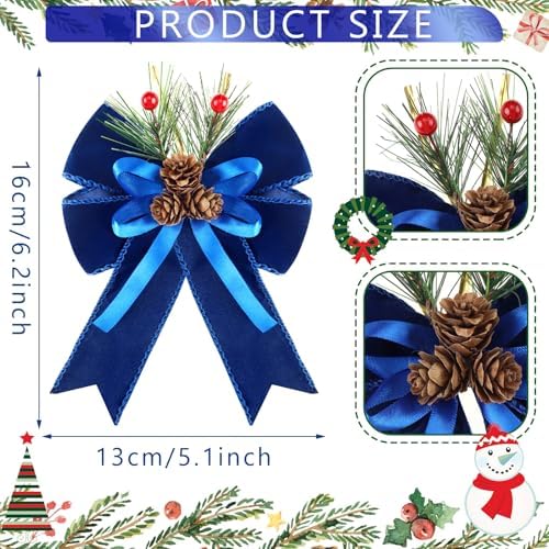 Syhood 6 Pcs Christmas Bows Xmas Velvet Bows Tree Decor, Blue