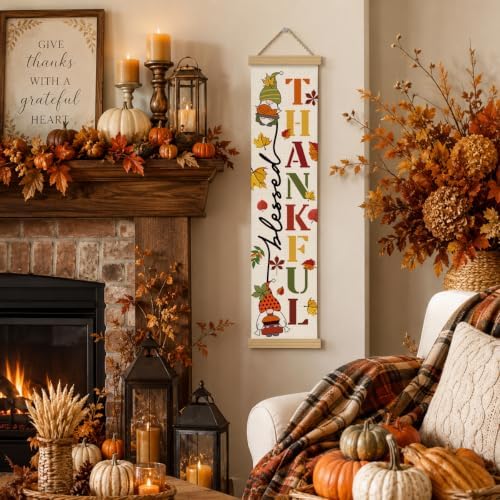 Fall Door Decor Banner, Thankful Gnome Canvas Hanging Banner for Porch