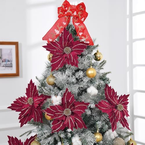 6 Pcs 12" Large Glitter Poinsettia Artificial Christmas Flowers with Stems Xmas Tree Wreath Ornaments New Year Home Wedding Party Decor (Burgundy)