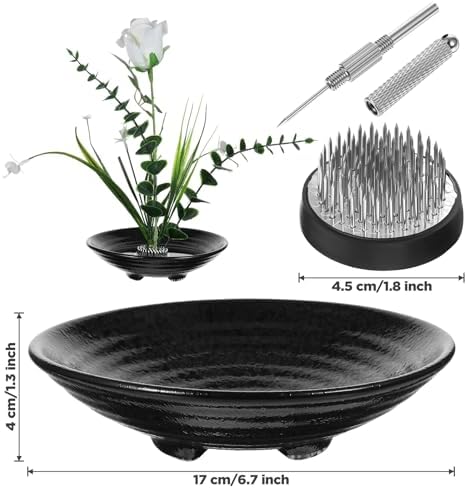 Japanese Ikebana Kit, Ceramic Bowl Vase, Floral Frog Flower Container with Kenzan Needle Straightening Tool, 6.7 Inch & 1.57 Inch Black for Floral Arrangement Art, Home Office Decor