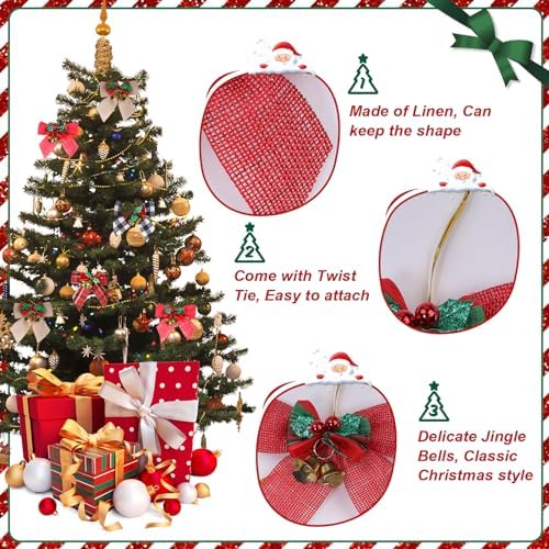 YBB 24Pcs Christmas Tree Bows, Linen Buffalo Plaid Bows with Jingle Bells