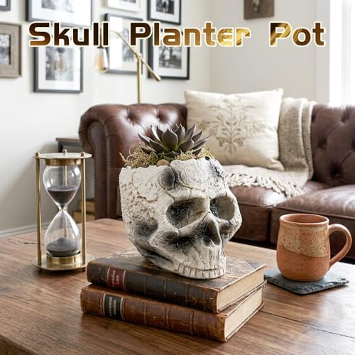 Wowagoga Halloween Resin Skull Flower Pot Planter Skull Head Bowl Decor
