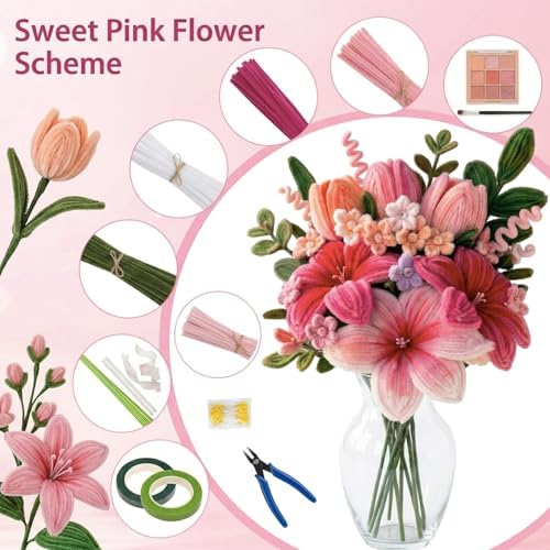 Eywwuu 540 Pcs Pipe Cleaner Flower Kit, DIY Flower Bouquet Making Kit with 5 Pastel Chenille Stem Colors, 30 Floral Stems, Tape, Stamen, Glue Sticks, Pliers and Brush for Rose Tulip Lily Crafts