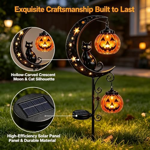 Halloween Solar Lights, Halloween Black Cat Pumpkin Moon Garden Stake Light