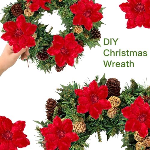 Sggvecsy 10Pcs Christmas Glitter Flowers Christmas Tree Ornaments Artificial Poinsettia Flower Velvet Magnolia Stems Floral Picks for Xmas Wedding DIY Crafts Wreath Party Floral Decorations (Red)