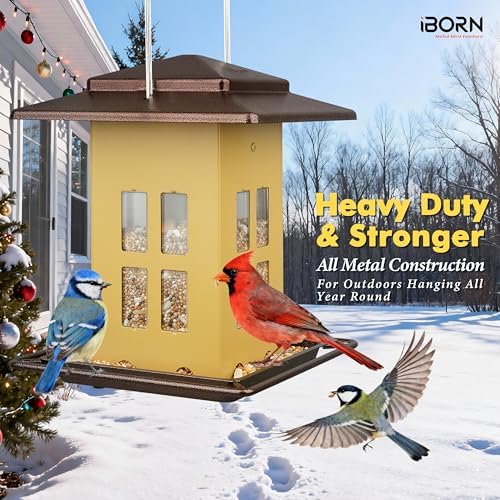 iBorn Bird Feeders for Outdoors, Metal Bird Feeder, Wild Bird Feeders for Cardinal, 2.3LBS Capacity,18cm Large Roof, Lantern Style, Black (Muted Yellow)