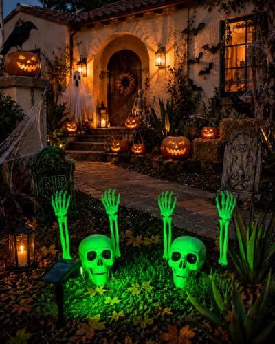 7P Halloween Skeleton Decorations Outdoor with Solar Spotlight, 2 Skull