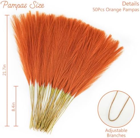 obbsie 50PCS Burnt Orange Faux Pampas Grass Decor, 21.6" Fluffy Vase Filler