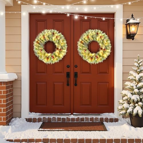 VINGLI 24" Small Christmas Wreath 2 Pack with 100 LED Battery Lights