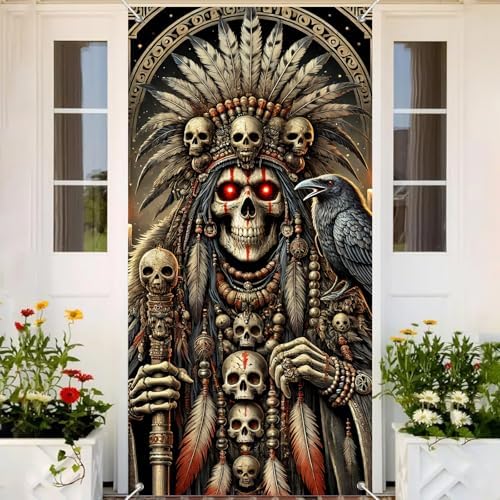 BlissYard Halloween Skeleton Shaman Door Cover 35x71 Inch Fabric