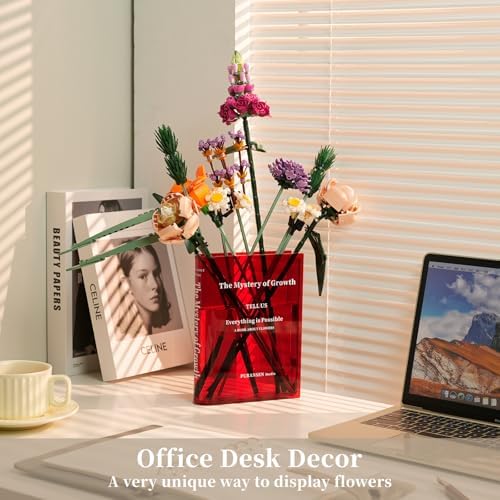 Puransen Clear Book-Shaped Vase for Centerpiece Home Indoor Desk Decor，Red