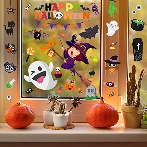 6 Sheet Window Clings - Cute Halloween Stickers and Decals for Kids - Indoor Window Decorations
