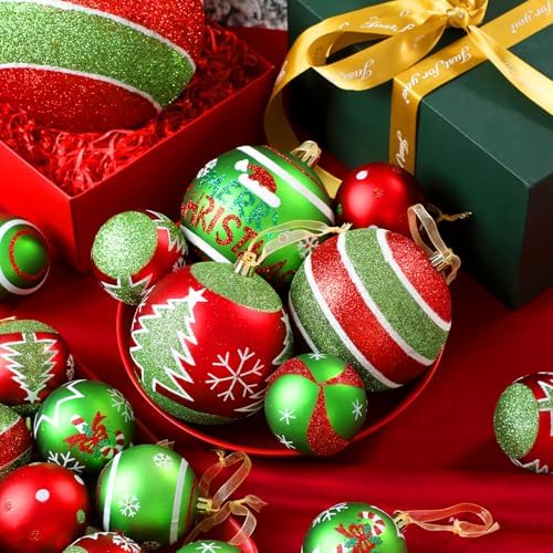 Lanpn 6Pcs 4" Large Outdoor Christmas Ornaments, Xmas Tree Elf Swirl Ball Decoration, Big Red Green Christmas Ornament, Giant Glittering String Ball Plastic Hanging Decor for Yard Lawn Holiday Party