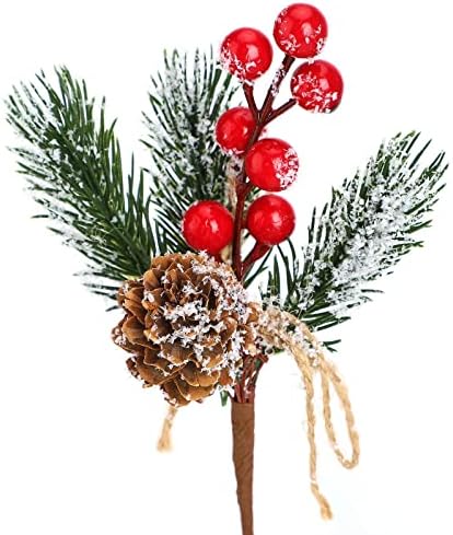 Artificial Red Berry Stems Pine Branches with Twine Bow,Christmas Pine Picks Fake Red Berry Wreath Picks, Christmas Trees Decoration Bouquets Garland Wreath Arrangements for Holiday(20 Pack/White)
