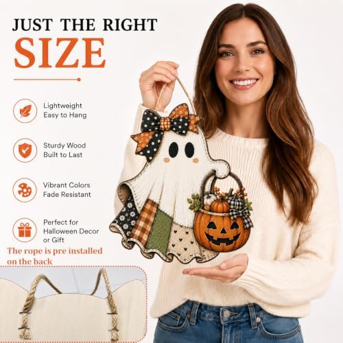 Cute Bow Ghost Door Sign Wooden Halloween Door Hanger Pumpkin Porch Decor