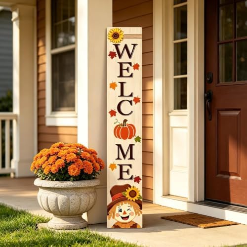 Fall Welcome Sign for Front Door, 47" Thanksgiving Scarecrow Porch Decor