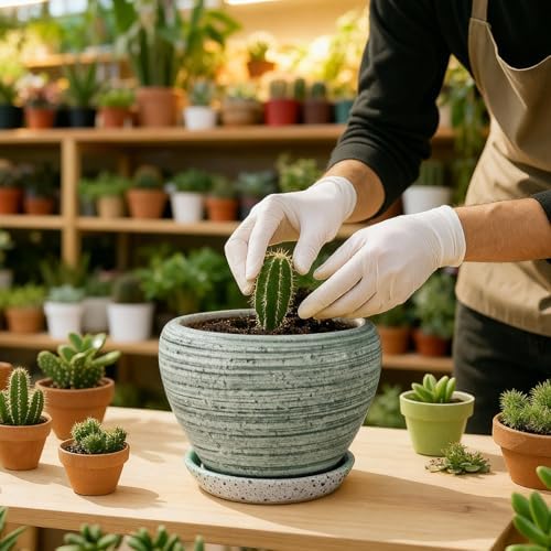 Deep Dream 8 Inch Plant Pots- Ceramic Pots for Plants with Drainage Hole and Saucer, Large Planter Pot for Indoor Plants Outdoor Decor, Brushed Green
