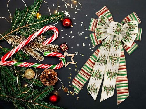 Estivaux Large Christmas Bows for Wreath, Christmas Wreath Bow Red Green Stripes Xmas Tree Topper Bows for Front Door Party Decorations