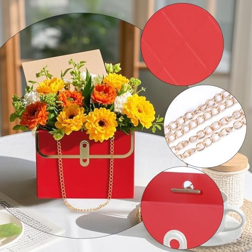 baotongle 6pcs Flower Paper Gift Box Bouquet Storage Bucket Handbag with Metal Chain Flower Boxes for Arrangements Wedding Mother's Day Birthday Bridal Shower (Red)
