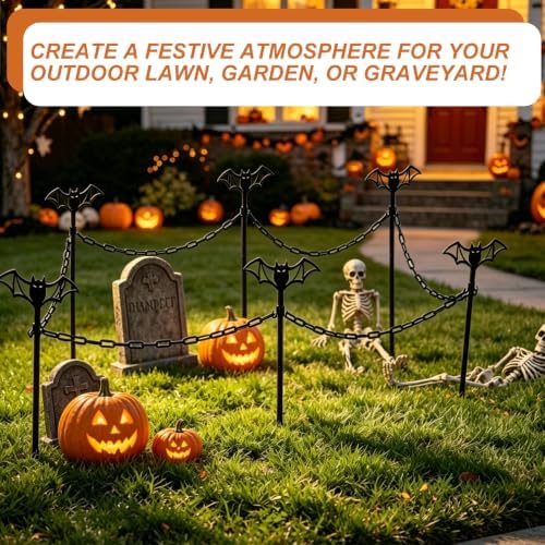 6 Pack Metal Halloween Fence for Outdoor Garden, 23.6" Halloween Graveyard Fence Spooky Yard Cemetery Decorations Bat Lawn Stakes with Connecting Chain for Pathway Haunted House Party Decor