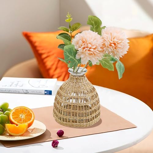 Flower Vases with Rattan Cover, Straw Woven Glass Vase, Rattan Woven Vase Decorative, Glass Flower Vase, Boho Glass Flower Vase, Vase for Home Flower Arrangement Table Decoration, 5.3''X3.5'',D Style