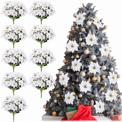 9 Pack Christmas Artificial Poinsettia Flowers 7 Heads White Flower