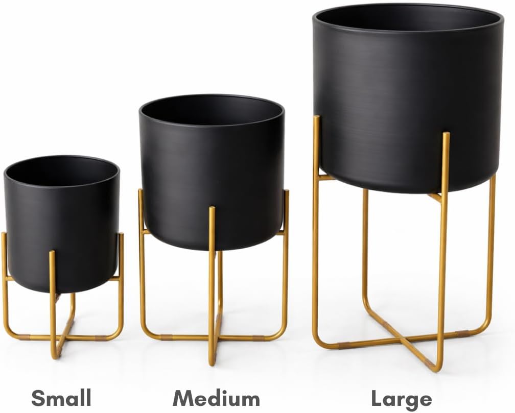 Kirpi Modern Planter Pots, Set of 2 Round Black Planters with Gold Stand, Decorative Floor Planters, Steel Pots with