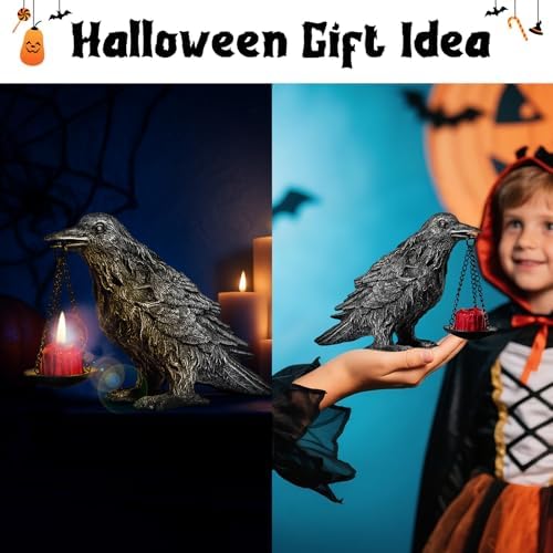 Gothic Crow Lamp with Tealight Candle Holder Resin Raven Decor Statue Gothic Home Decor for Bedroom Unique Goth Gifts Half Silver 2P