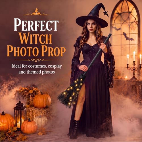 Seenelling 40 Inch Halloween Witch Broom with LED Light, Black