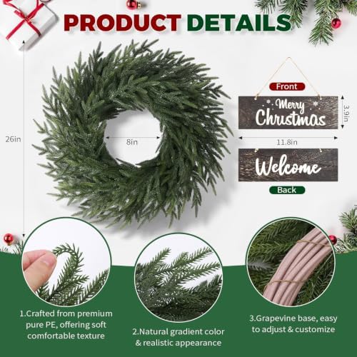 26" Christmas Norfolk Pine Wreath for Front Door (2, Wreath with Sign)
