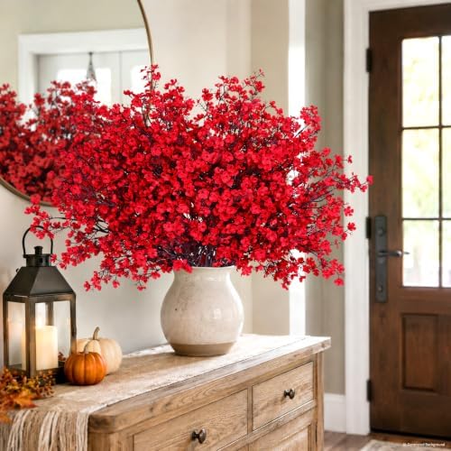 Yastouay 30 Pcs Baby Breath Flowers Artificial Bulk, Fake Fall Flowers, Red