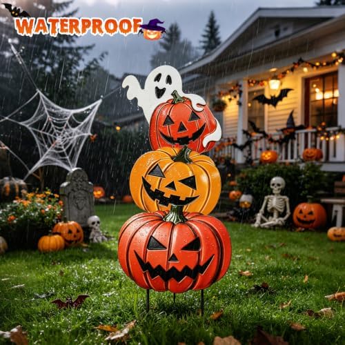 VCUTEKA Halloween Outdoor Pumpkin Stake Yard Sign, 3PCS Garden Stake Decor