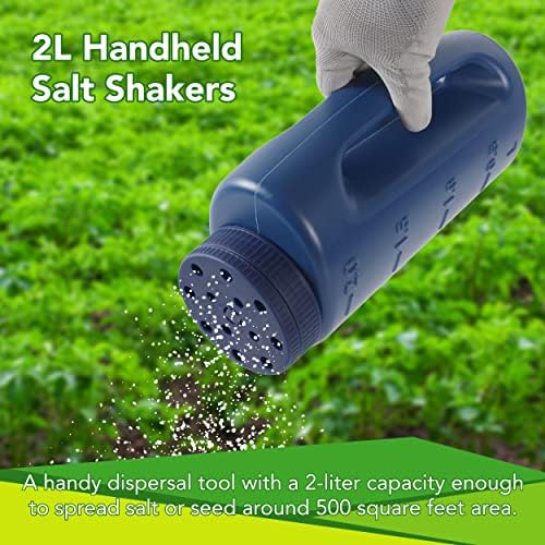 (2-Set) Multipurpose 2L Handheld Spreaders (Blue and Green) - Handheld Shakers for Seeds, Fertilizer, Salt, and More - With an Adjustable Dial for 7 Opening Modes - Includes 2 Scoops (Green)