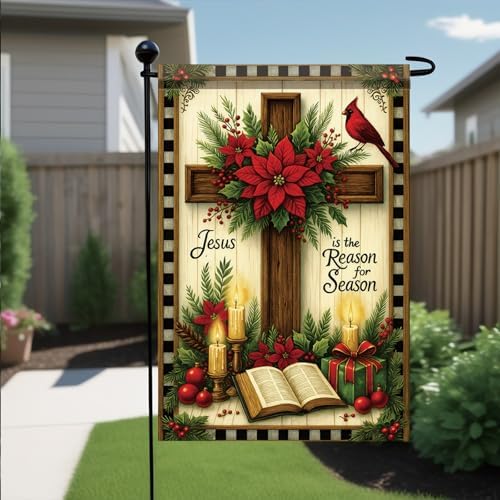 Christmas Garden Flag Jesus Is The Reason for the Season Cross Bible Poinsettia 12x18 Inch Double Sided Outdoor Yard Banner for Religious Christian Nativity Winter Holiday Decoration