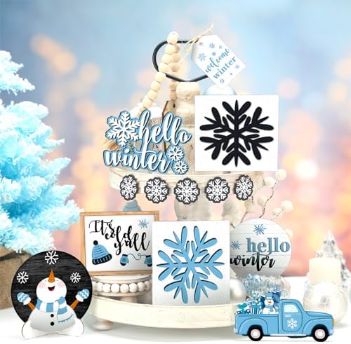 FairySandy 15 Pcs Winter Tiered Tray Decor Snowman Snowflakes Wooden Signs